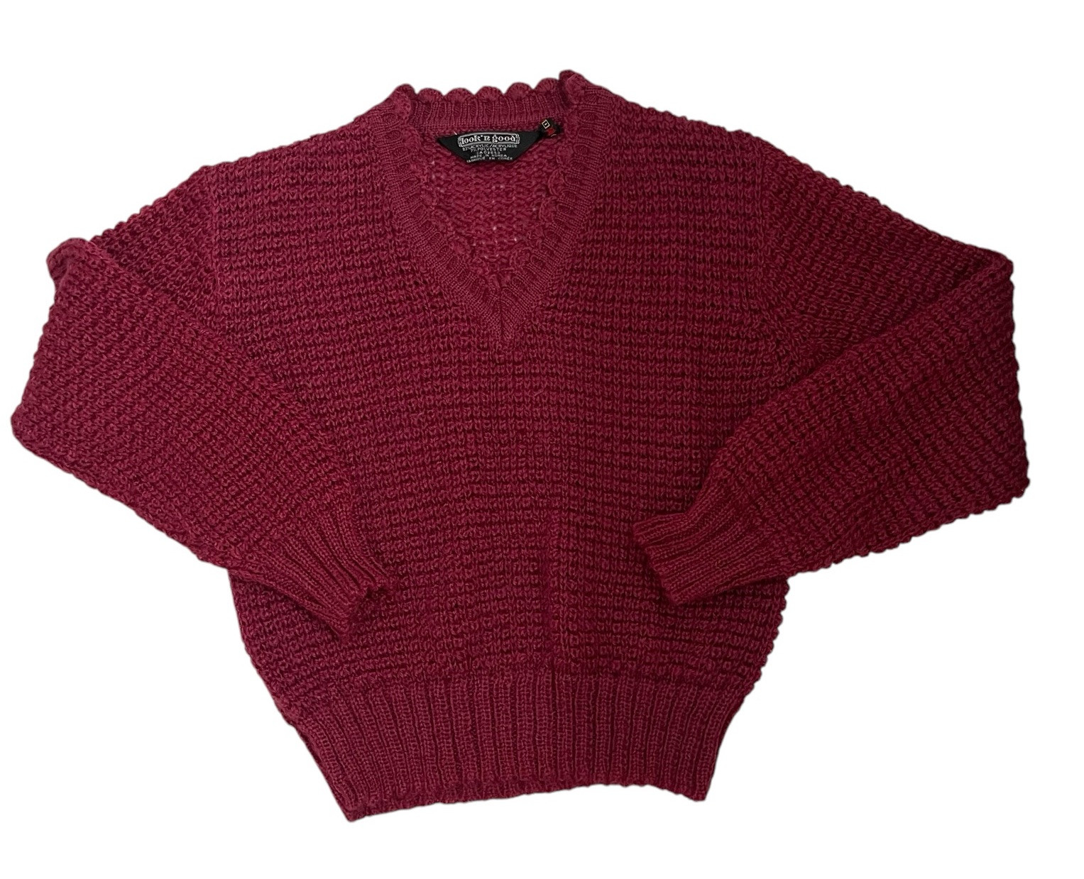 Vintage Sweater 90s Scalloped Neck Cable Knit Wine Pink Womens Small Look’n Good