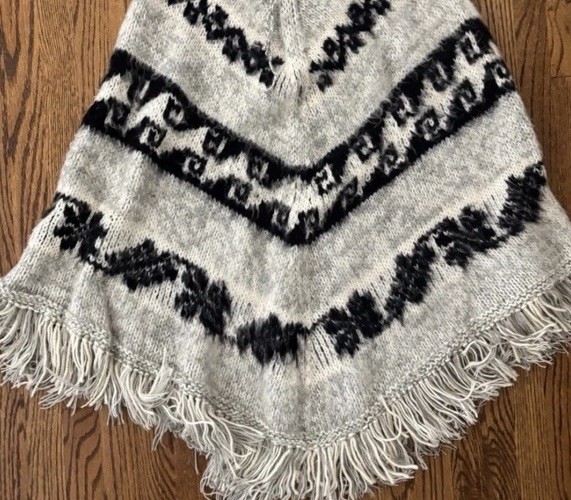 Vintage Ethnic Loose Hand Knit Fringe Poncho Tribal Alpaca Mohair Wool Crunchy