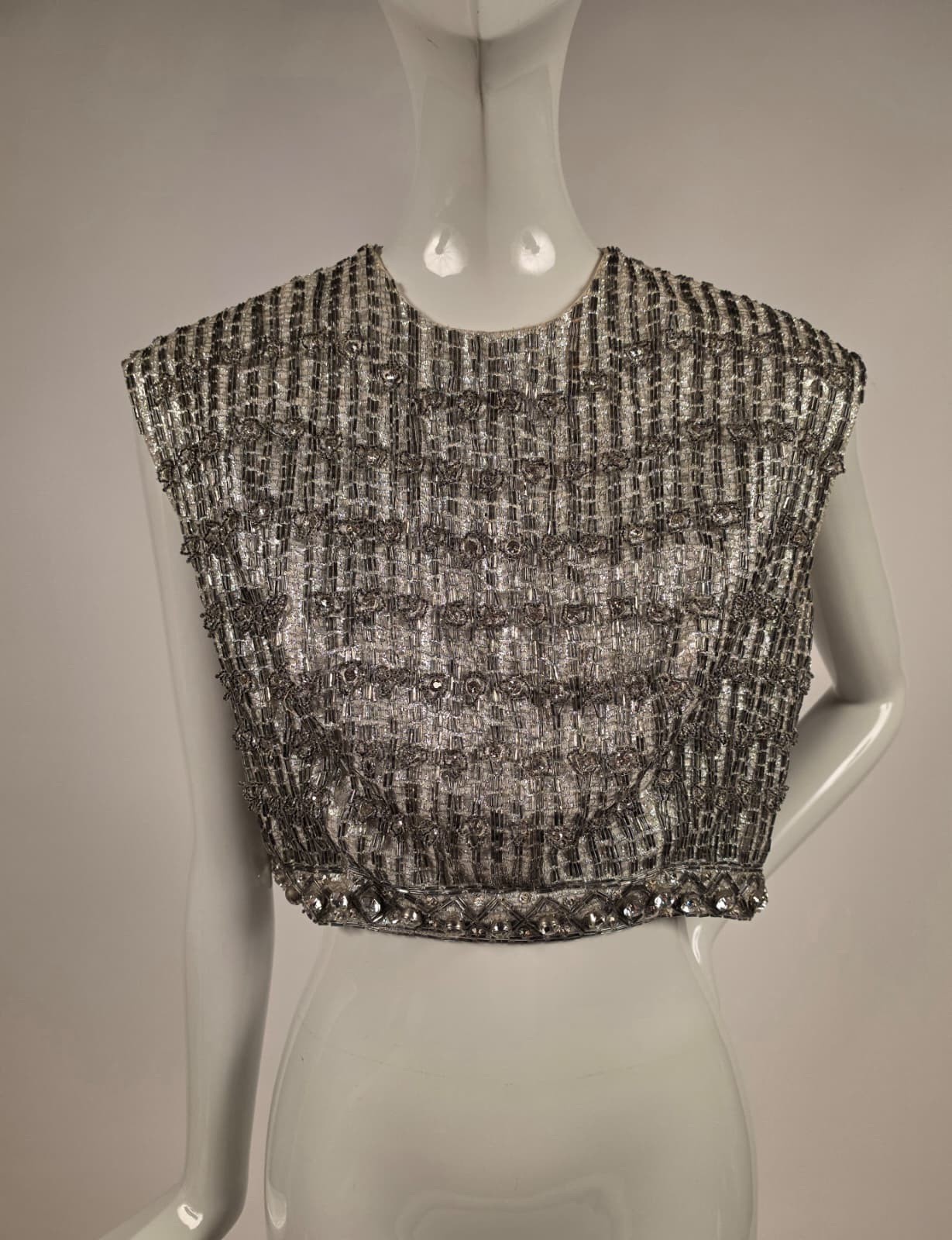 VINTAGE 1960’S SILVER LAME TOP W GLASS BEADING + RHINESTONES BY PAT SANDLER