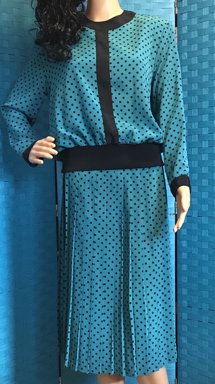 Andrea Gayle petites Blouse and Skirt Set Teal/Black Polka Dot-True Vintage 80’s