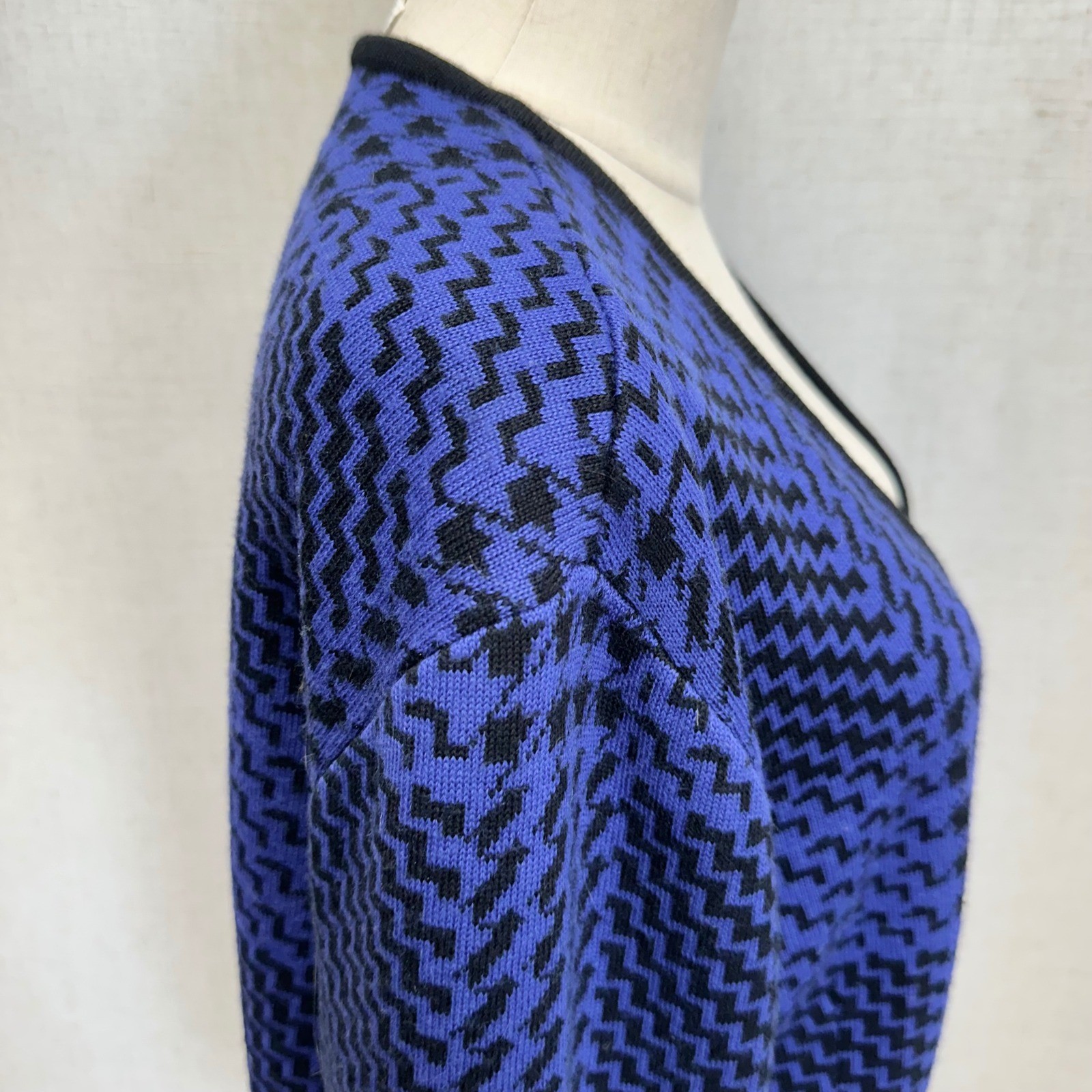 Ciao Ltd Vintage Cardigan Womens Large Blue Black Houndstooth Wool Blend Knit