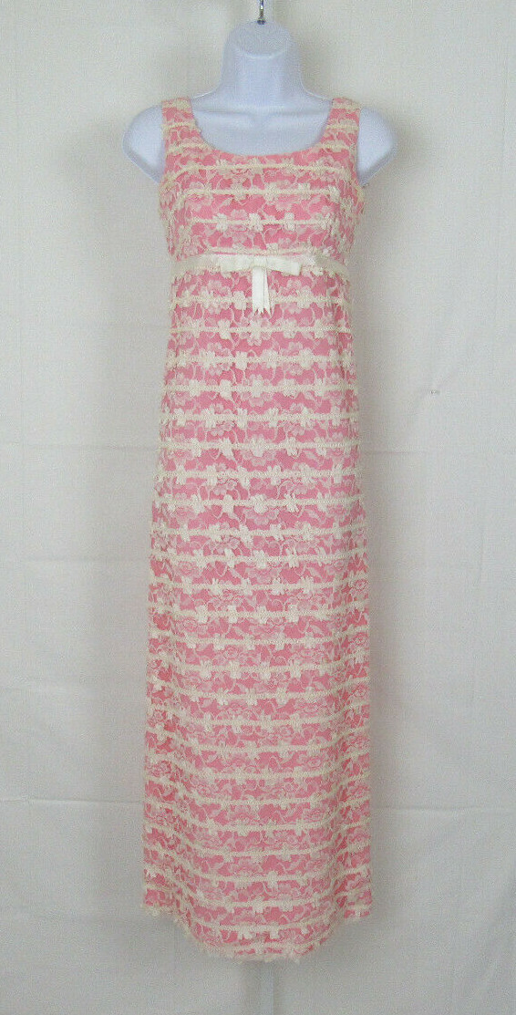 VTG 1950s REICH ORIGINALS MAXI DRESS PINK WHITE LACE MESH BOWS SLEEVELESS