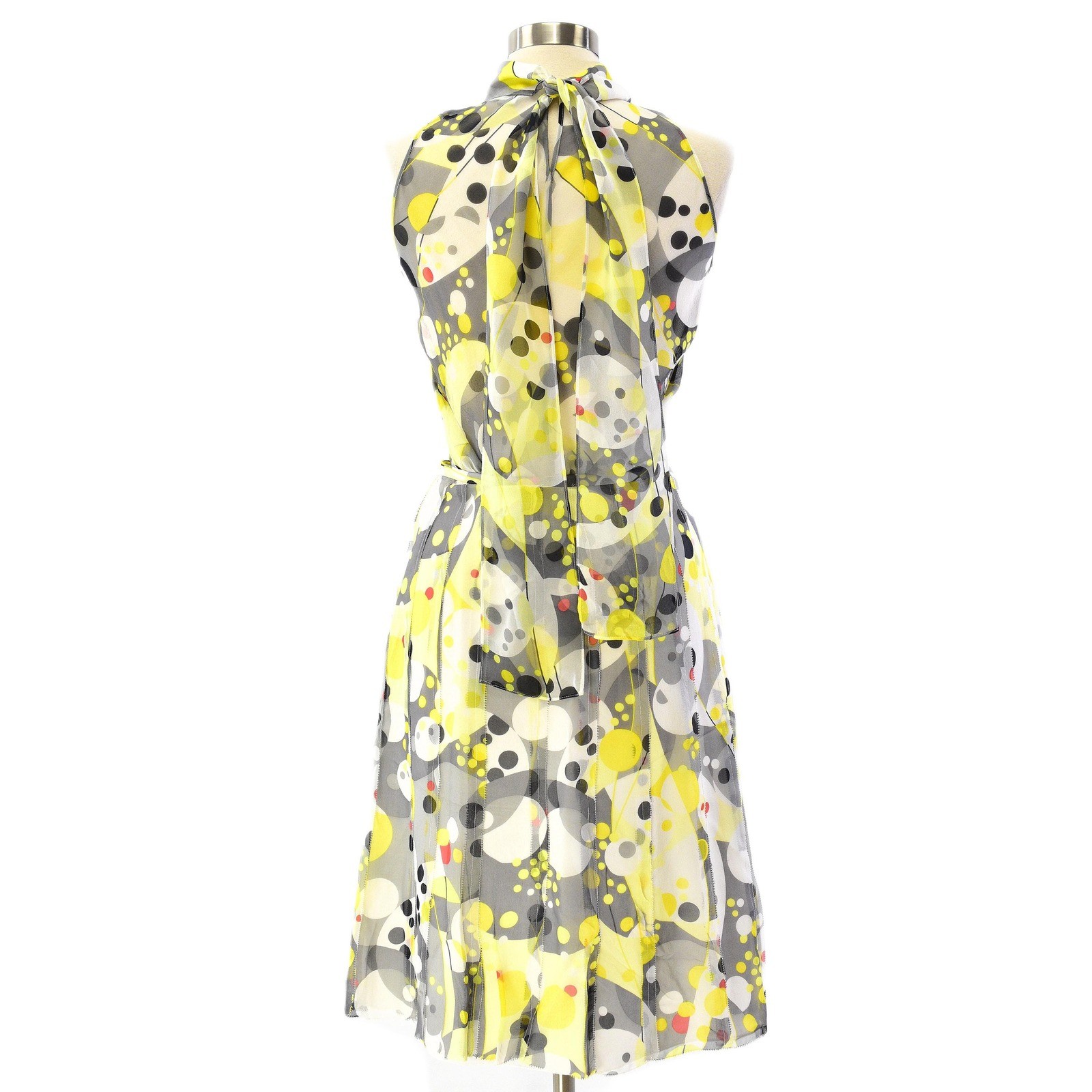 Y2k Silk Scarf Neck Top & Skirt Set Womens 4 S Blouson Sleeveless Yellow Gray