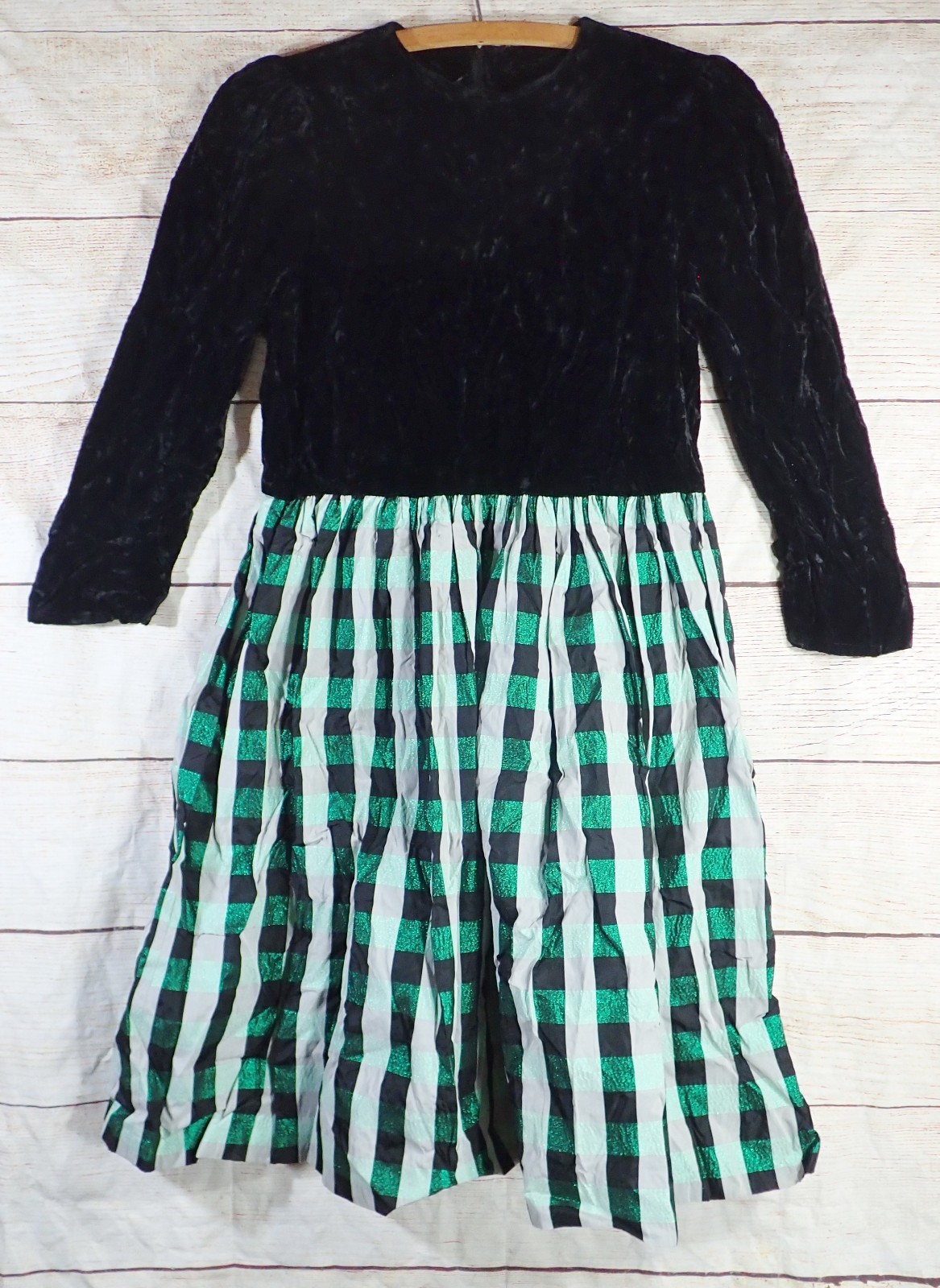 ✨ Vintage 1970s 80s Black Velvet & Metallic Gingham Holiday Party Dress XS/S ✨
