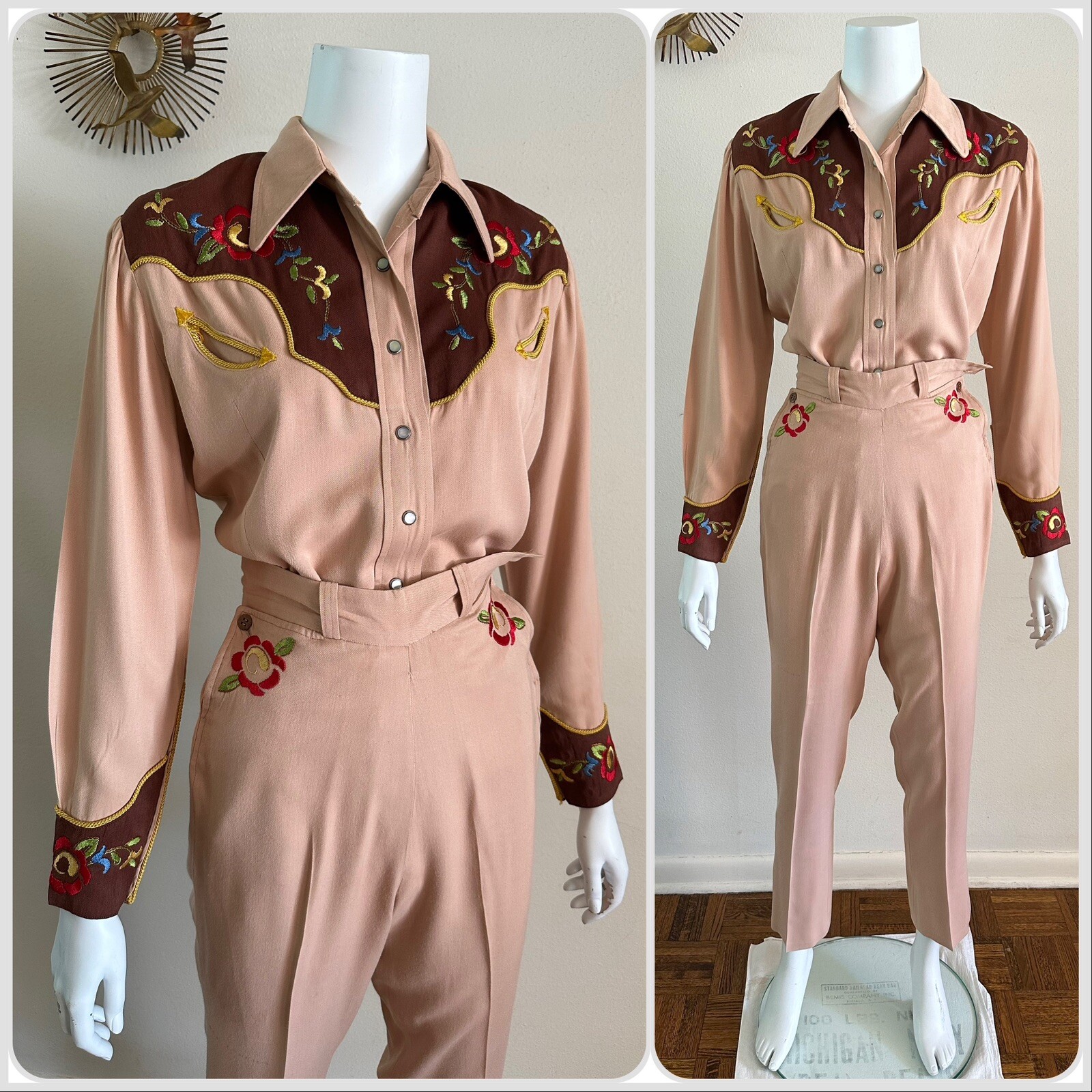 1940s Western Gabardine Cowgirl Suit Embroidered Pearl Snap Shirt & Pant Set XS