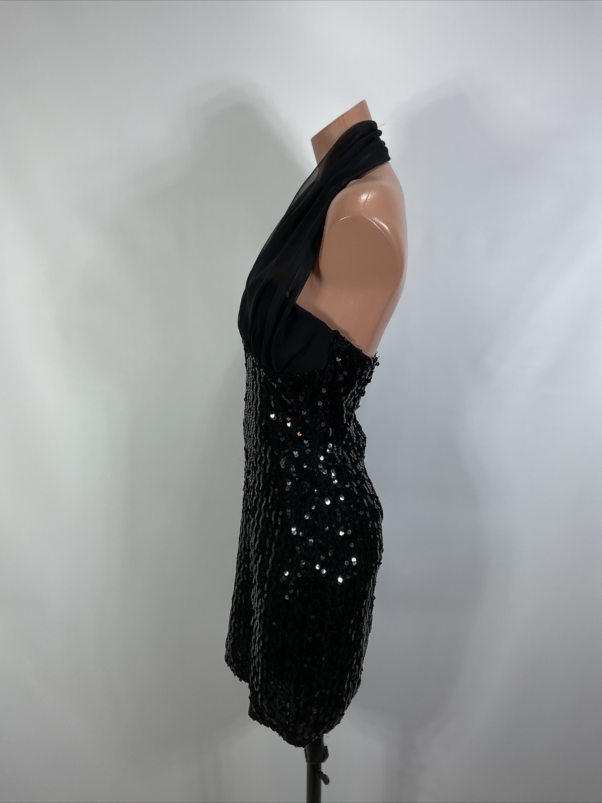 Vintage 90s L.A. Glo Sequin Black Metallic Chiffon Halter Disco Mini Dress 7/8