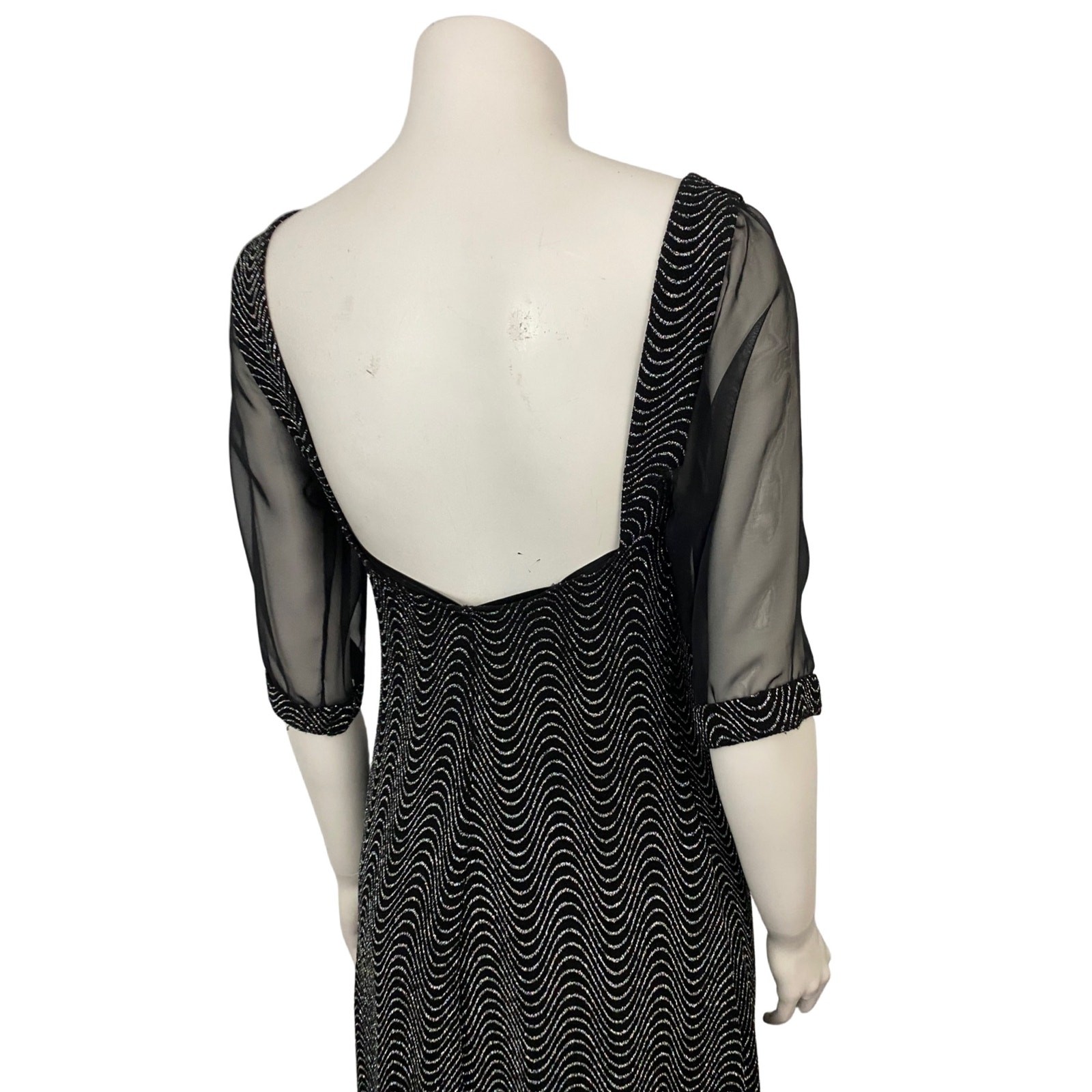 90s Black Sheer Sparkle Maxi Prom Dress Sheer Sleeves Open Back Small ^
