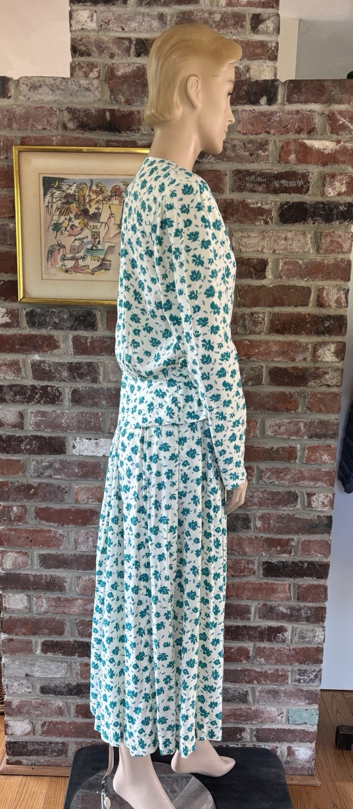 80’s green & white floral matching top and midi skirt