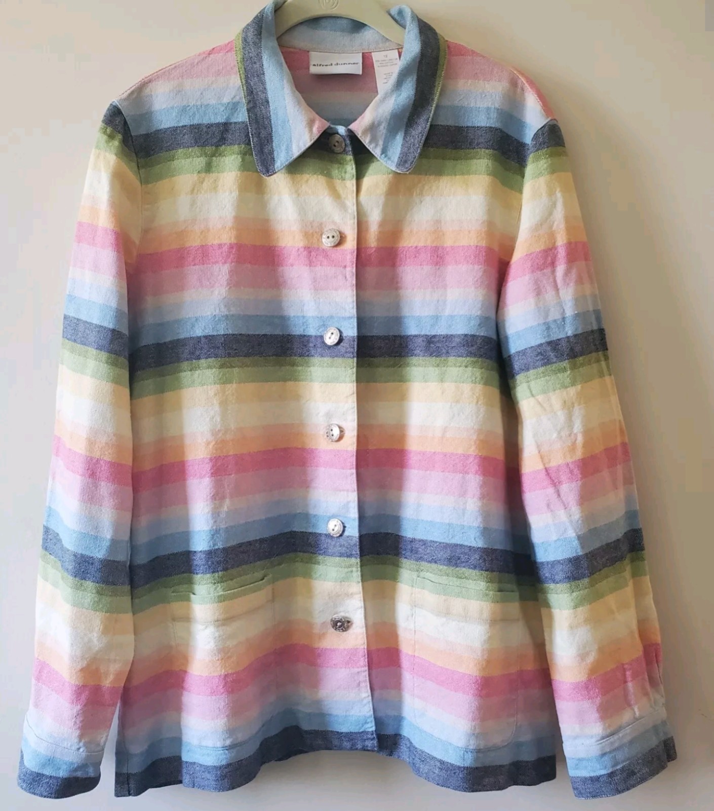Retro Pastel Rainbow Strip Linen Blend Shirt Jacket 18 Pocket Festival Coachella