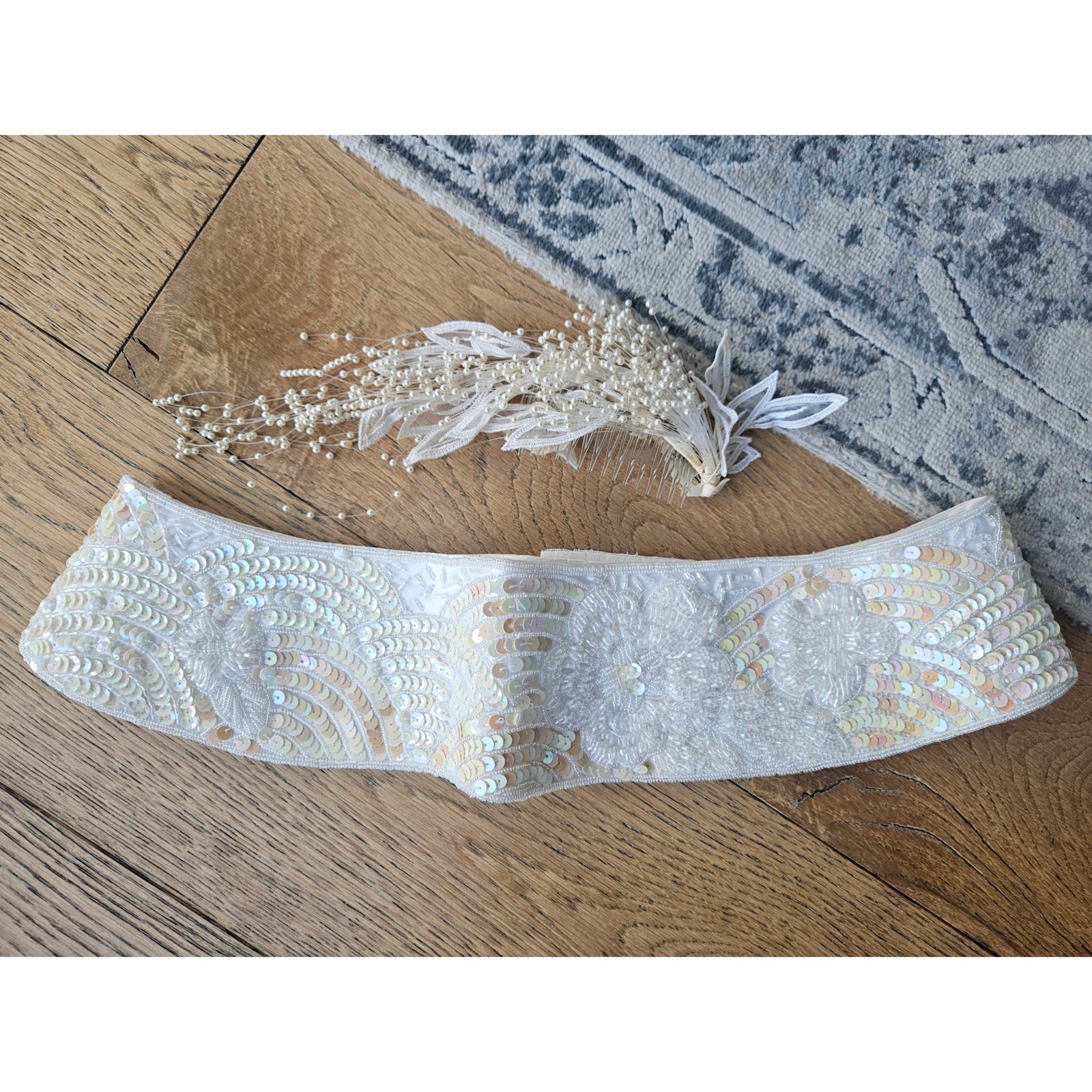 Vintage 80s Beaded Sequon Bridal Belt And Hair piece Set Size Medium