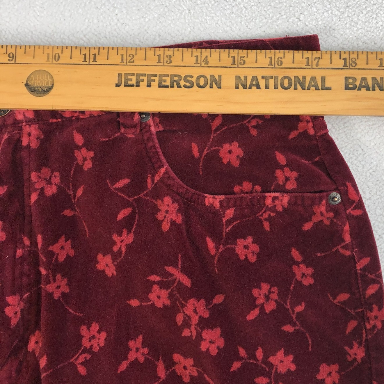 Bill Blass Burgundy Floral Velvet pants Vintage 1990s easy fit Size 16 Waist 34″