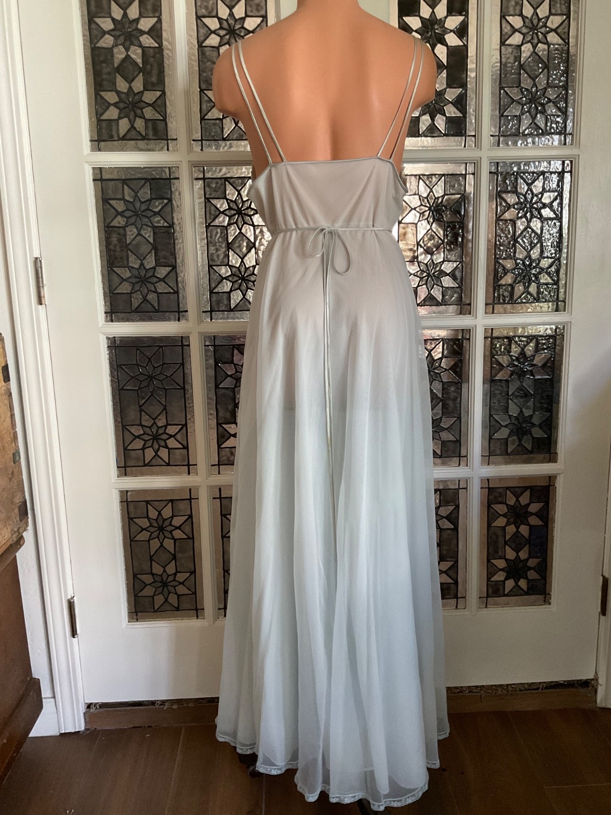 Vintage Gotham Gold Stripe Blue Nightgown Chiffon Nylon Lace Trim Size 36 USA