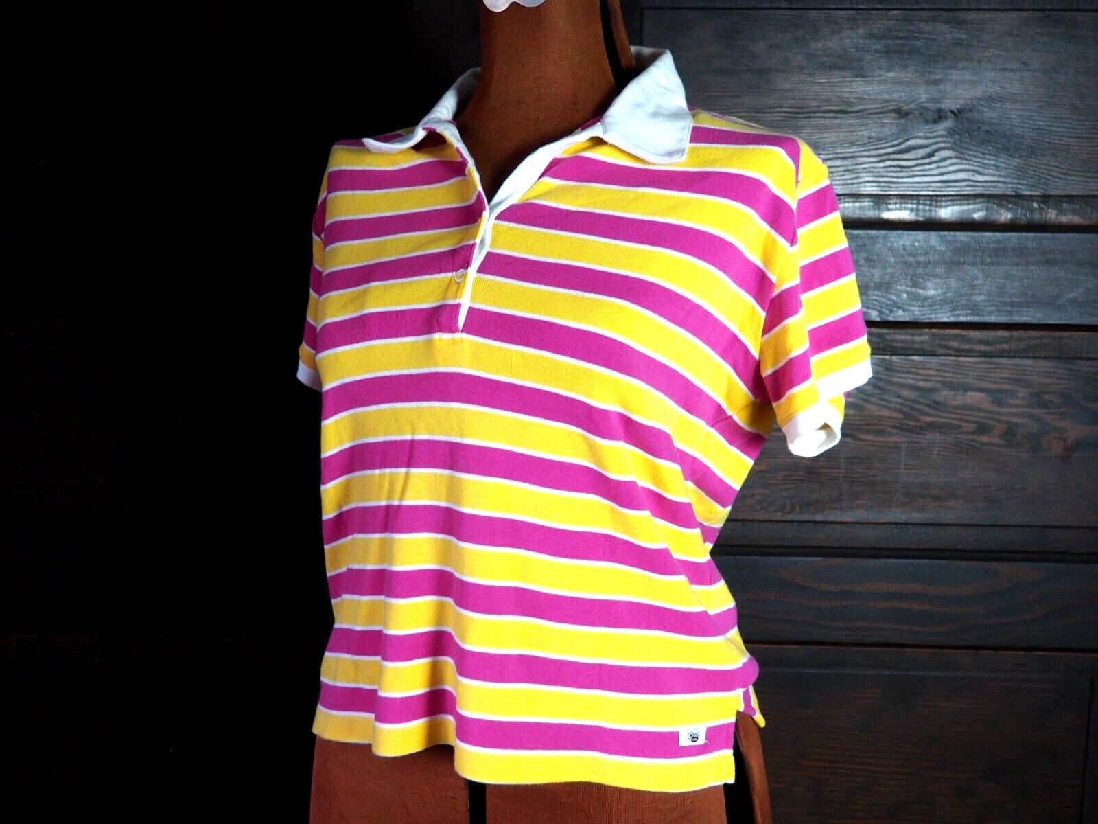 VTG 90s Y2K Cruel Girl Pink Yellow Stripe Retro Collar Polo Tee Tshirt Sz L