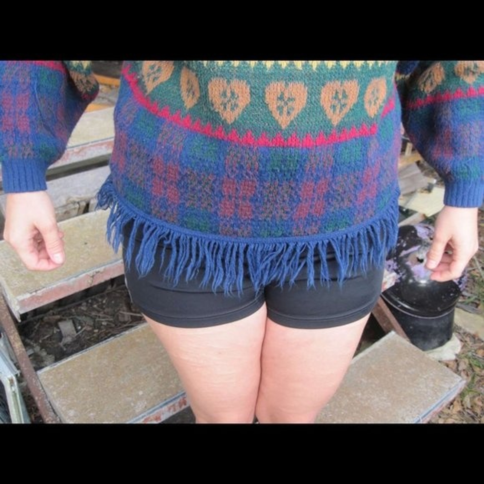 Heartworks M 8- 10 Brown Heart Green Red Blue Plaid Fringe Hem Pull Over Sweater