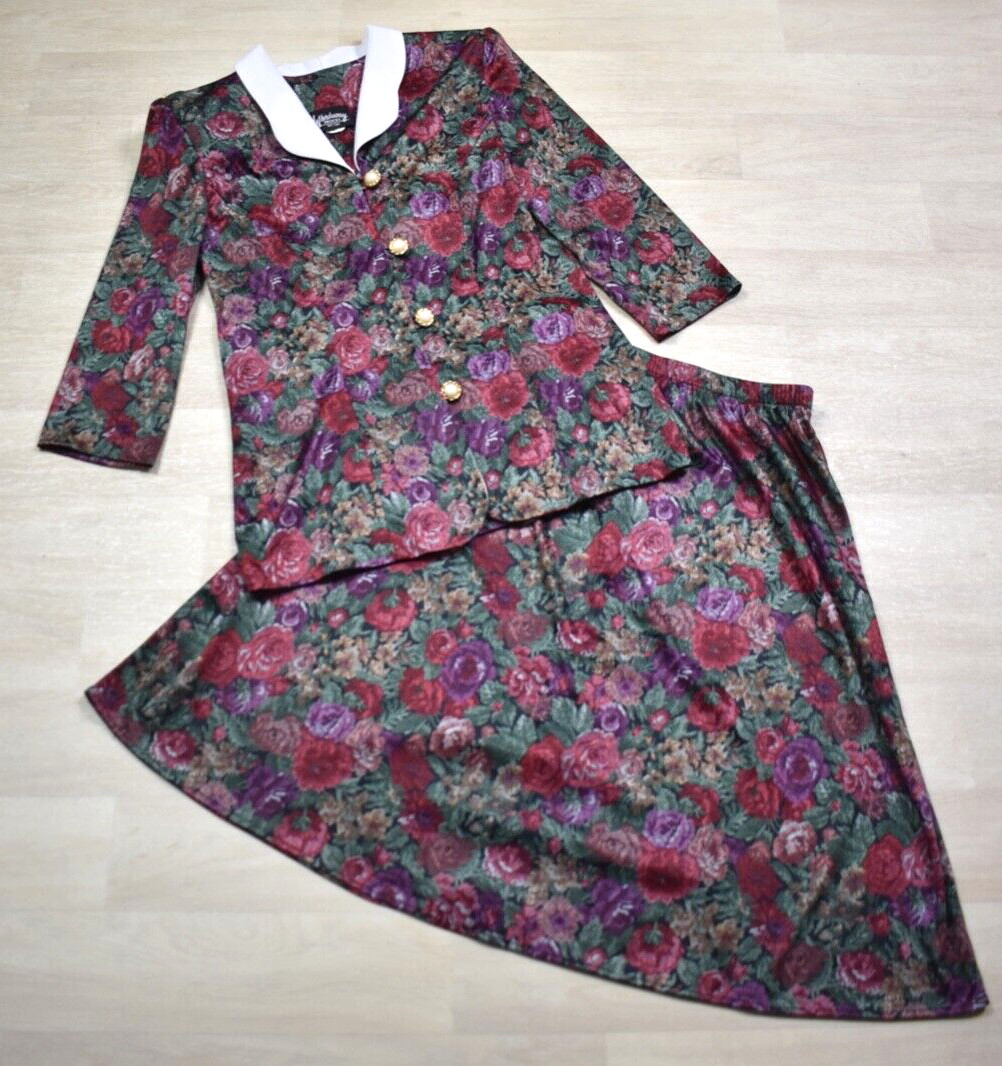 80s Whirlaway Frocks Floral Skirt Suit Set 8 Petite Polyester VTG 1980s