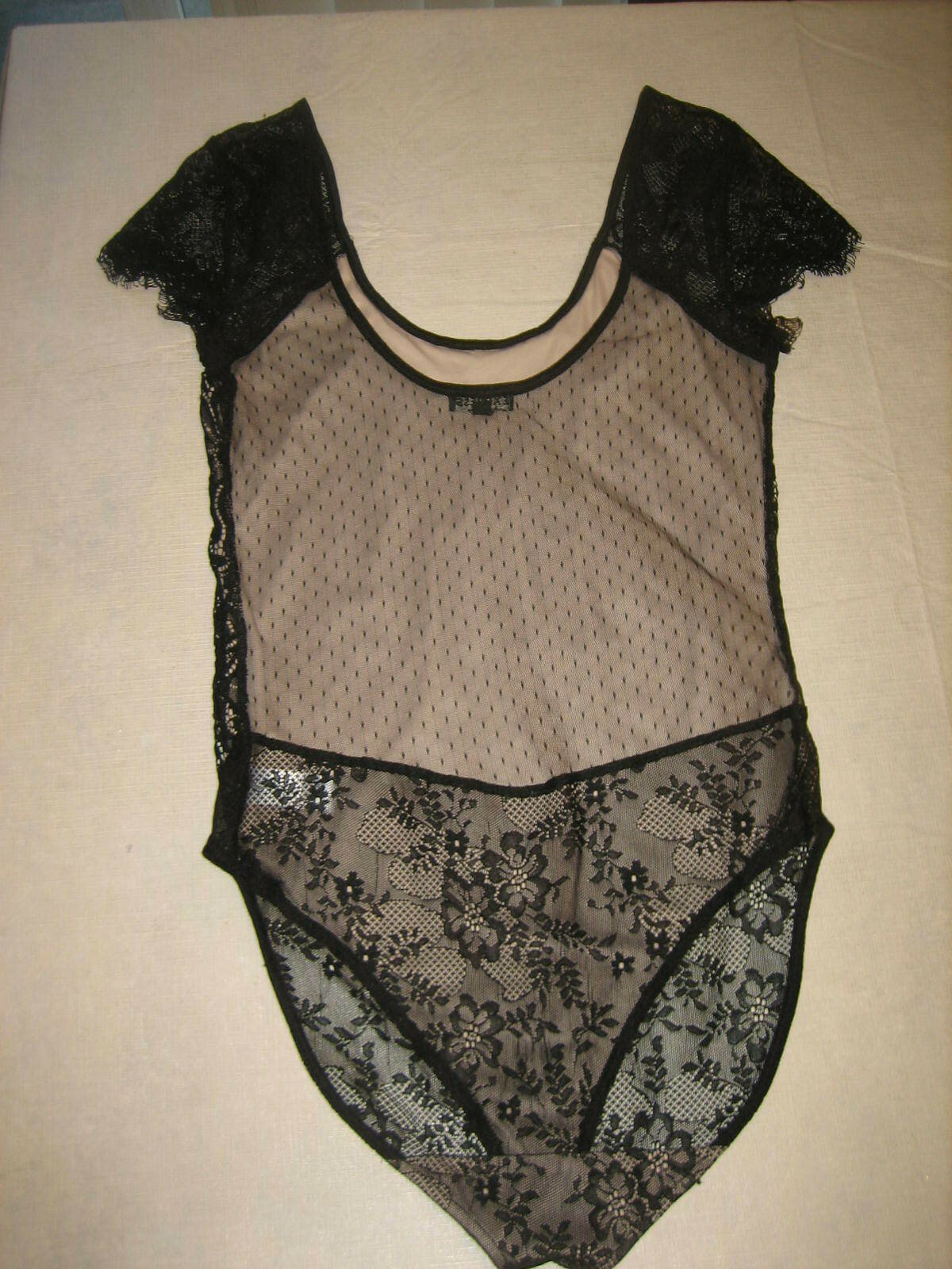 EXPRESS Black Lace Over Cream Body Suit / Teddy, Cap Sleeve – Size S