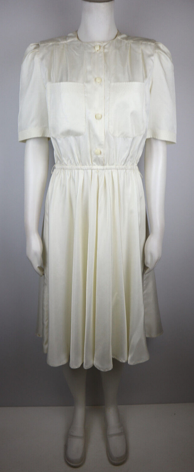 Leslie Fay Vintage Women’s Shirt Dress Size 8P Ivory White Short Sleeve A-Line
