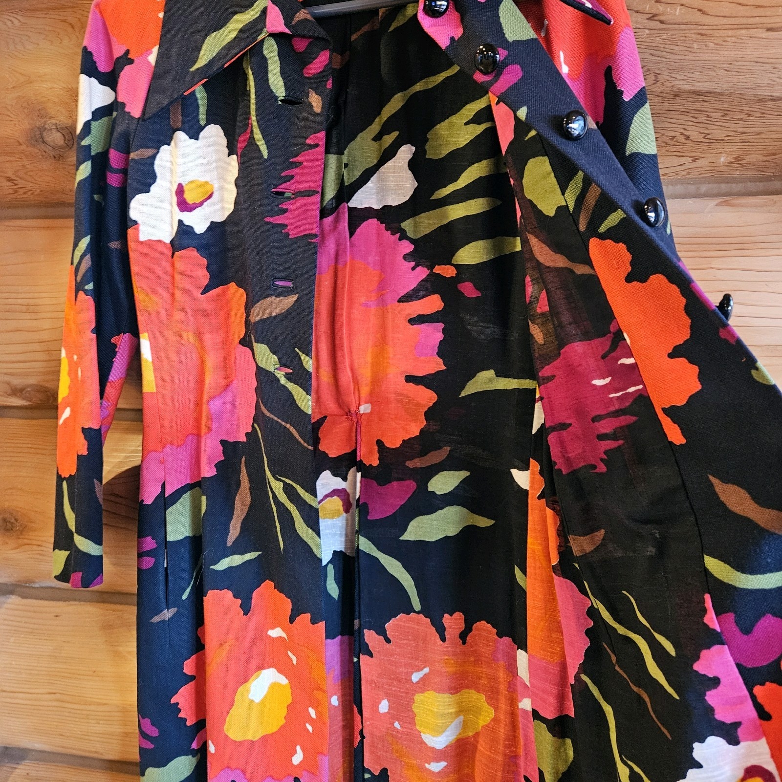 VINTAGE PAULINE TRIGERE MATCHING JACKET AND DRESS BLACK BRIGHT FLORAL SIZE 12