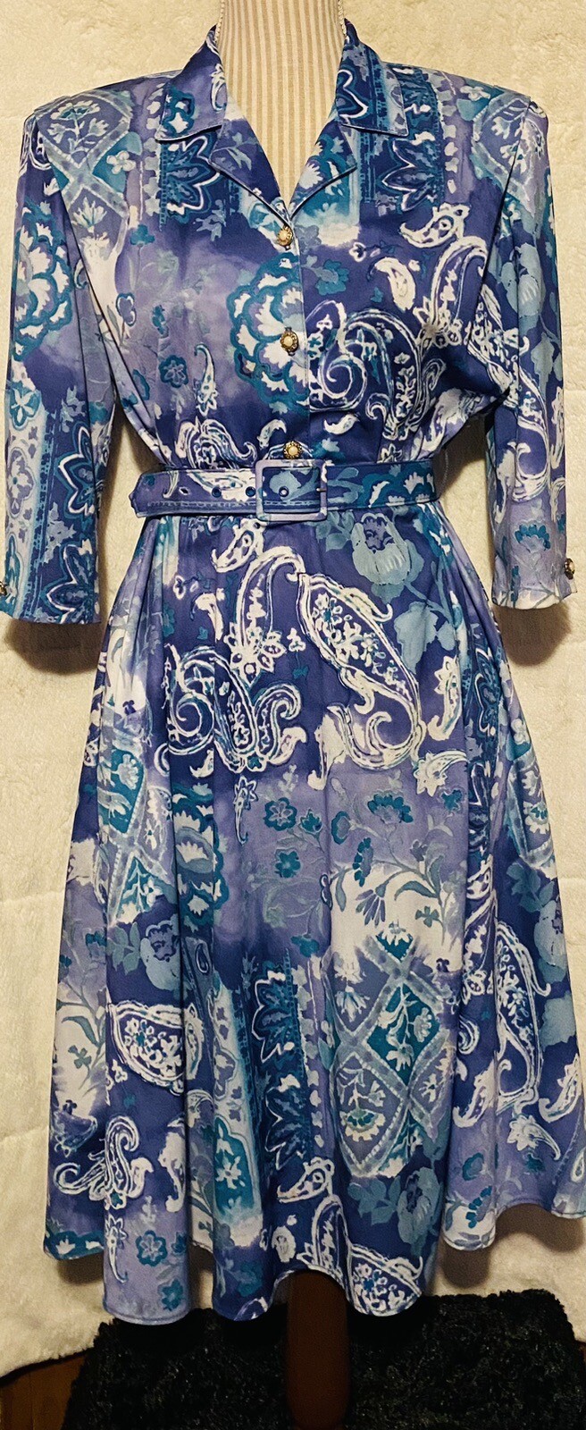 VTG 70s 80s California LOOKS Floral Paisley Belted Tea Day Dress Blue Women’s 8P