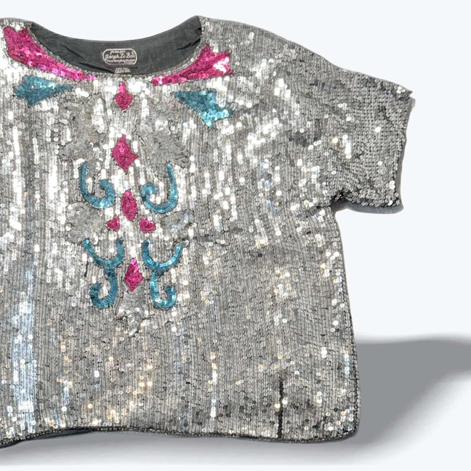 Joseph Le Bon Vintage Silk Sequin Blouse Silver Pink Turquoise Short Sleeve Top