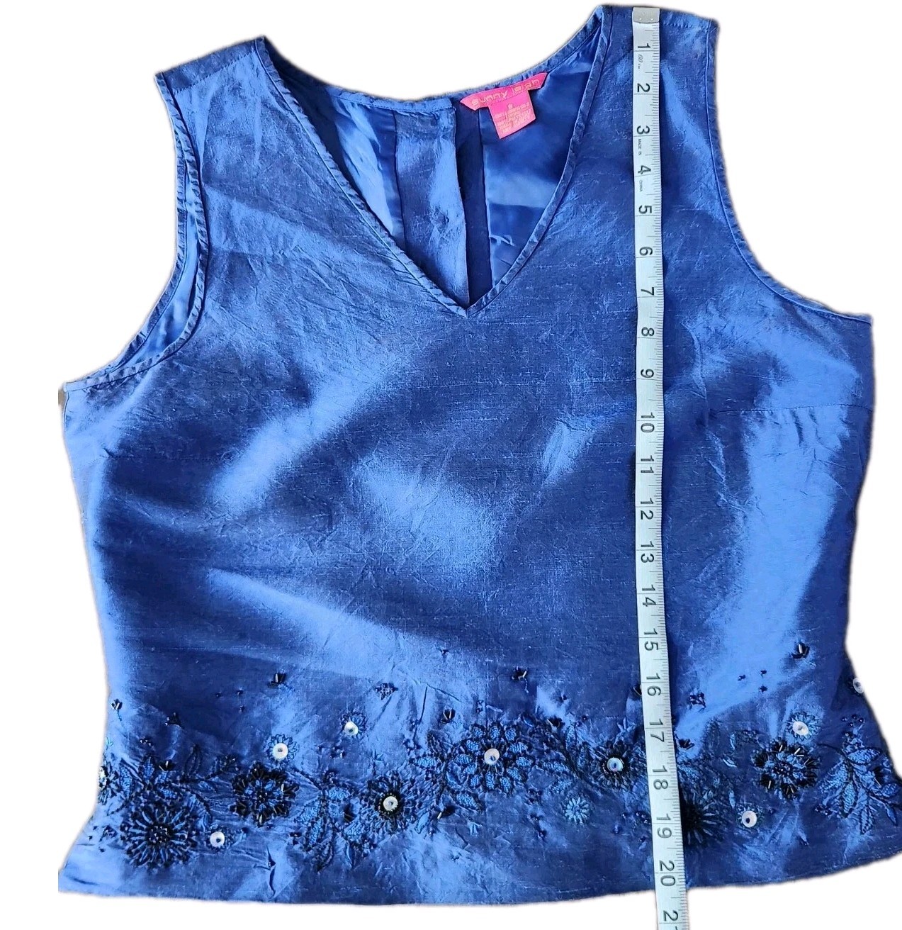 Sunny Leigh Vintage Blue Beaded Silk Dupioni 2 Piece Pants Blouse Set Size M