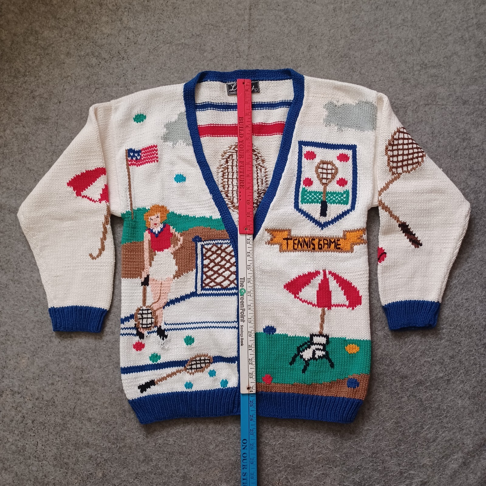 Vintage Lumy Cardigan Sweater Womens Large Tennis Game Theme Hand Knitted 80s