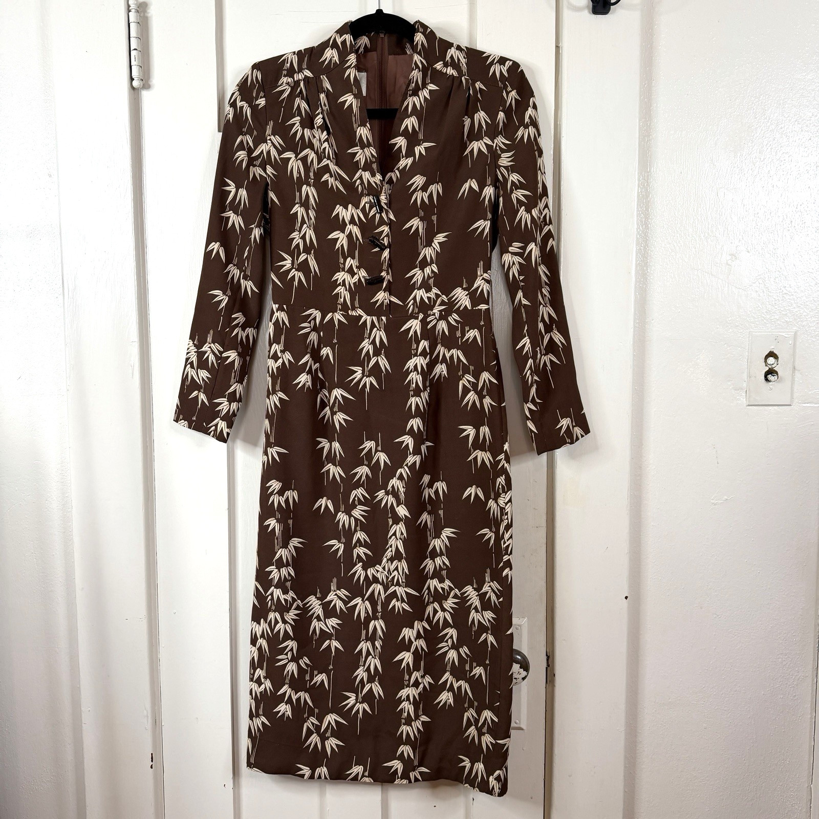 Vintage Galaus By Tokyo Chocolate Brown Bamboo Print Dress 60s/70s Retro