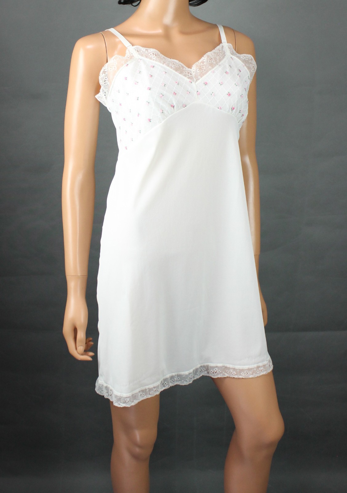 50s Velrose Full Slip 36 White Pink Embroidered Chiffon Short Mini Dress Slip