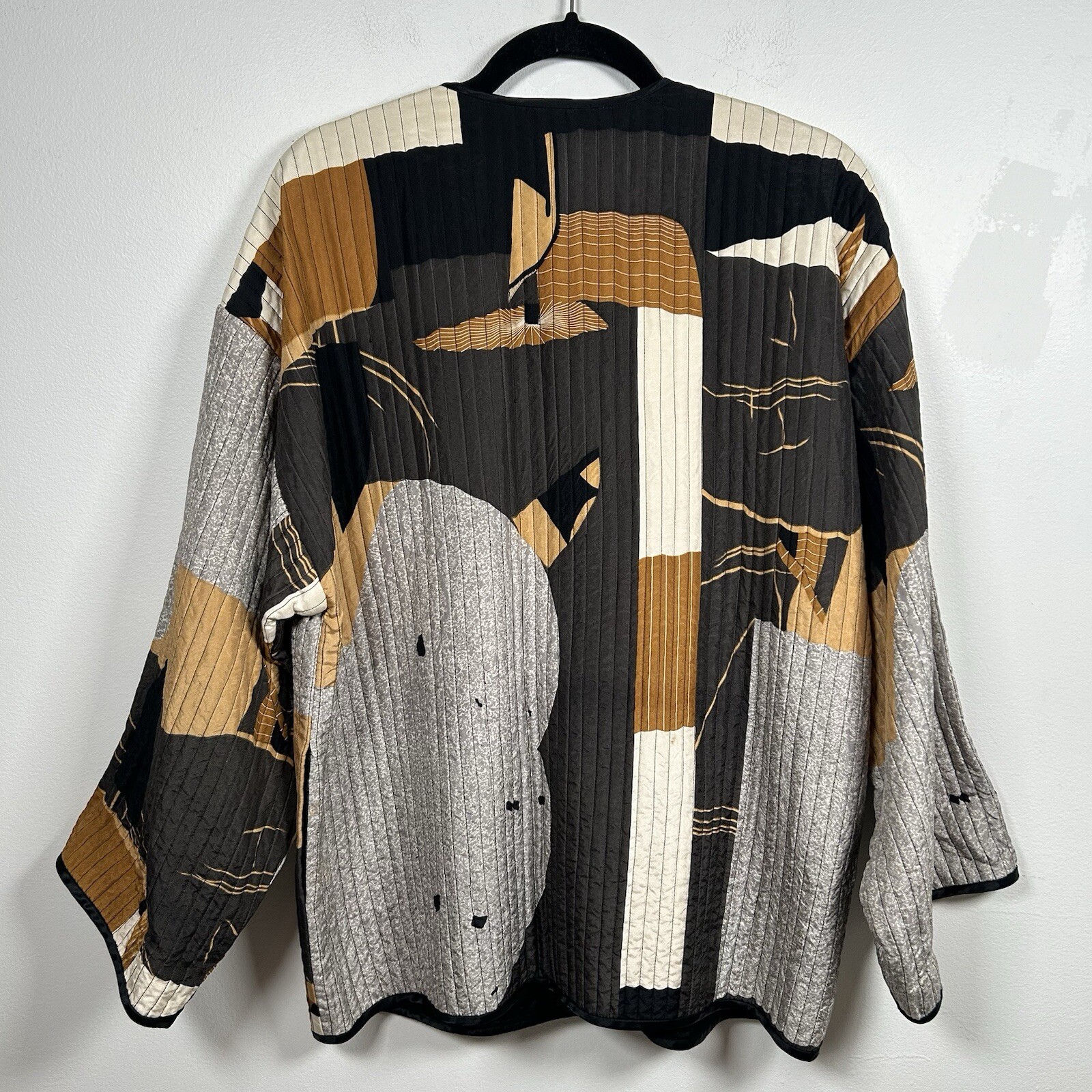 Vintage Icinoo 100% Silk Jacket Women Size Medium Art Abstract Brown Gray Black