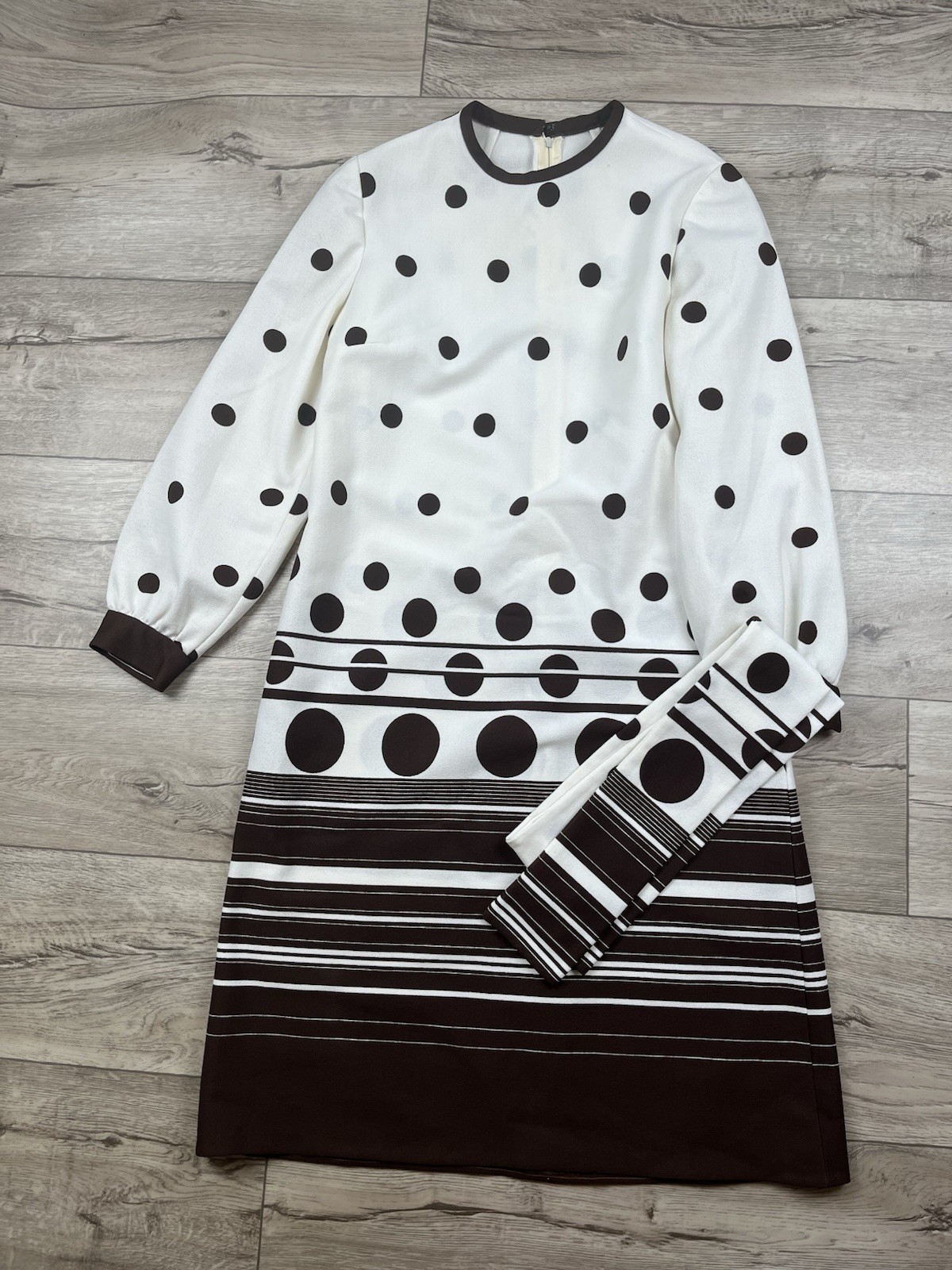 VTG 1960s Mod L’AIGLON Dress Belted Polka Dot Striped Brown White MCM Long Slv