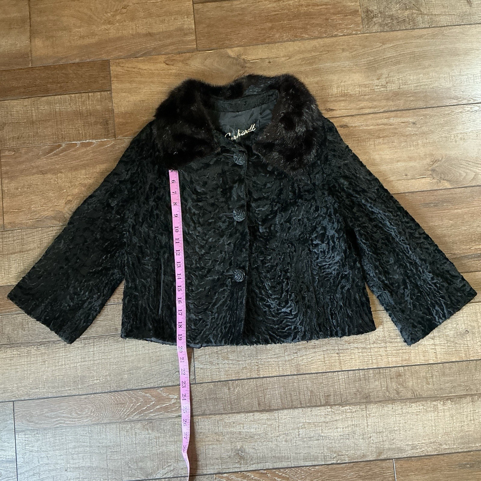 VINTAGE Size S Gerhardt Curly Lamb Fur Coat Mink Collar Black Monogram Wmns #886