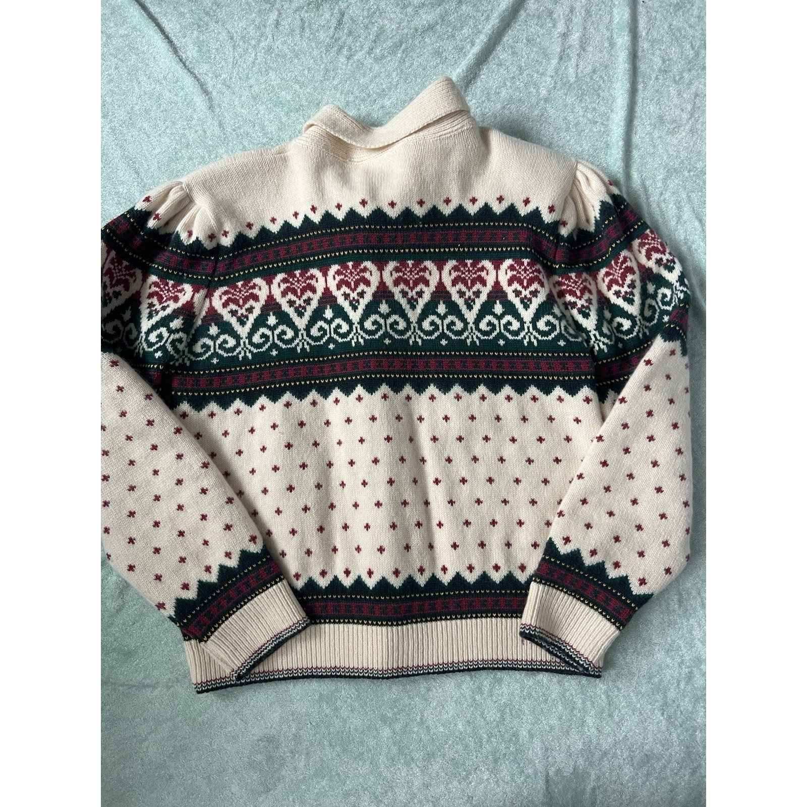 Vintage Cullinane Fair Isle Cardigan Sweater Scarf Cream Red Green Wool Angora