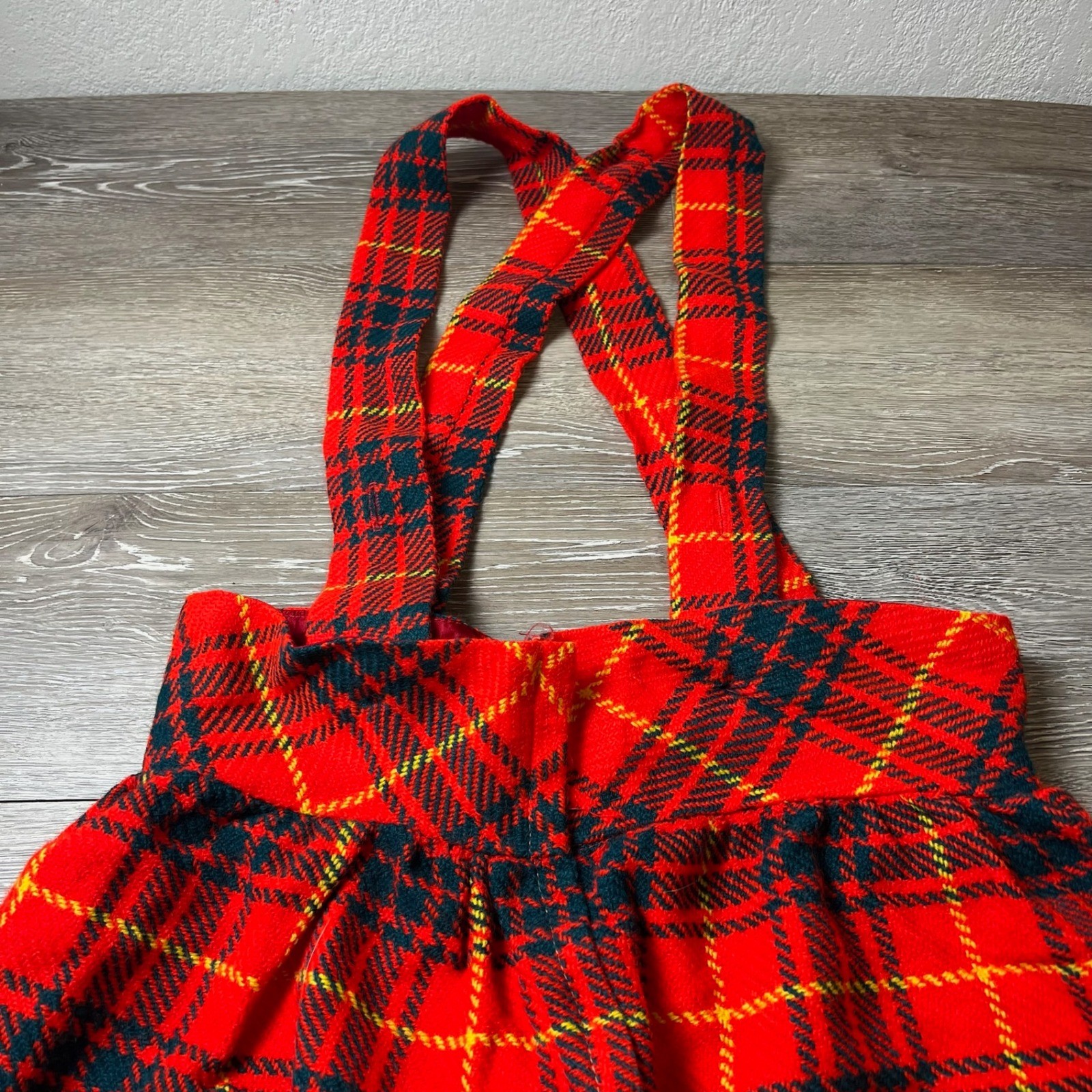 Carol Brent Pinafore Dress Womens XS Red Plaid Vintage Jumper Tartan Gold Button