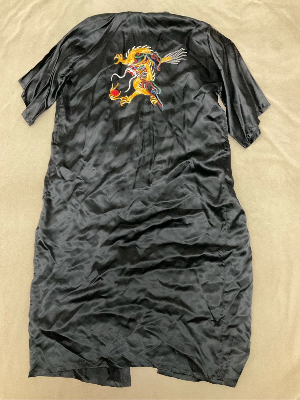 Vintage Esme Robe Unisex XL Black Kimono Chinese Dragon Embroidery Satin No Belt