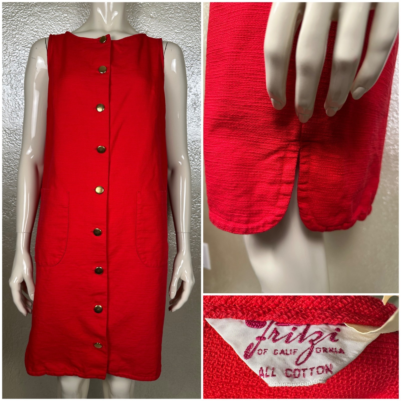 Vintage 1970’s FRITZI CALIFORNIA Bright Red Cotton Sleeveless Dress Button Down