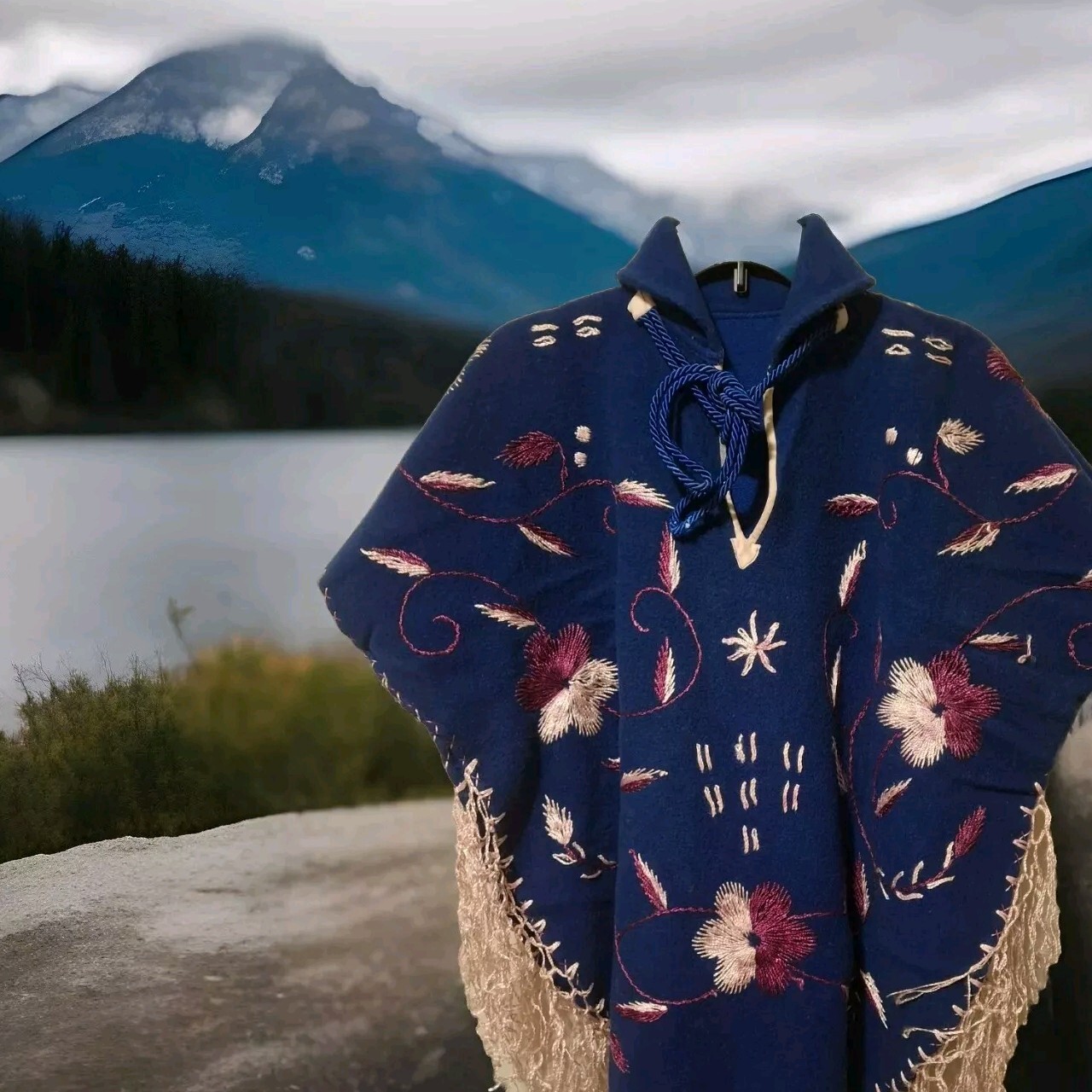 Indigo Floral Fringe Poncho Medium Vintage