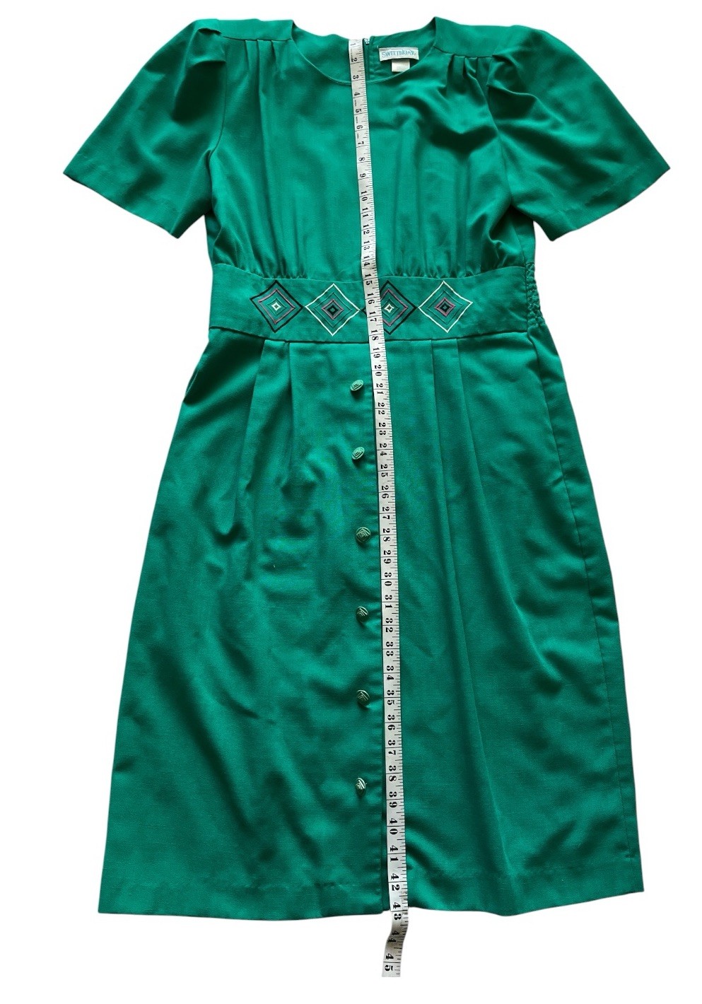 Vintage 80’s Sweetbriar Short Sleeve Green Dress Size 14 Round Neck Poly Blend