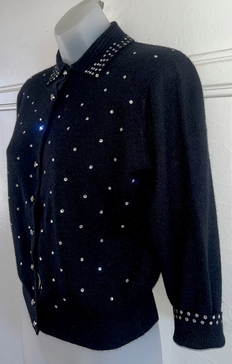 Vintage 1950s Schiaparelli Paris Knit Crystal Rhinestone Cardigan Sweater Sz S/M