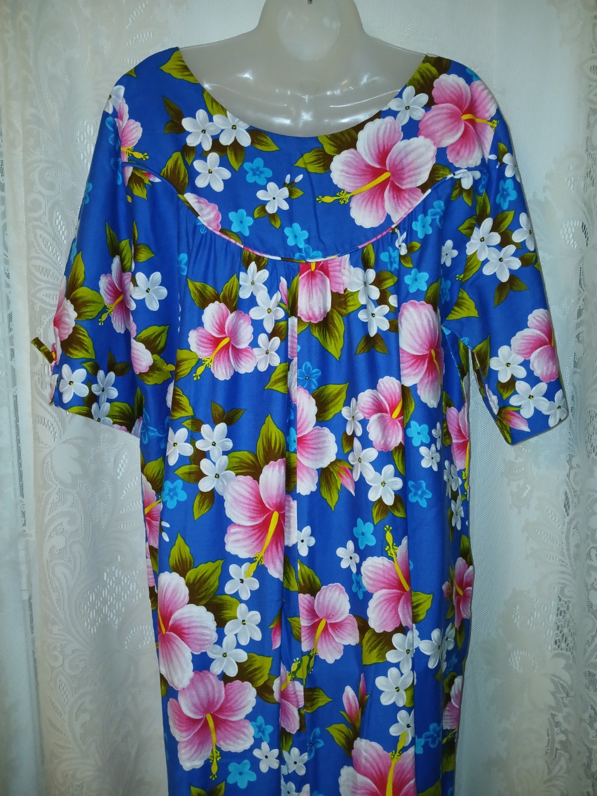 Vintage 60s Ui-Maikai Blue Hawaiian Pink Hibiscus Cotton Muumuu Dress XL Tiki O