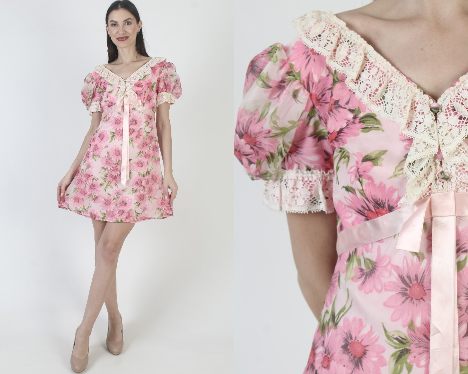 Vtg Pink Floral Dress Romantic Prairie High Waist Micro Mini Babydoll Sundress