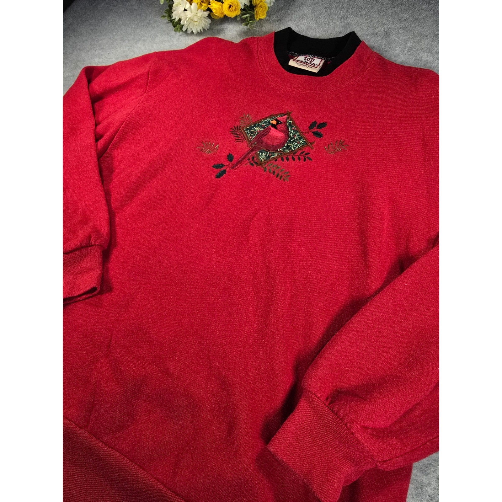 Vintage Top Stitch Morning Sun Cardinal Embroidered Crewneck Sweater Red Large