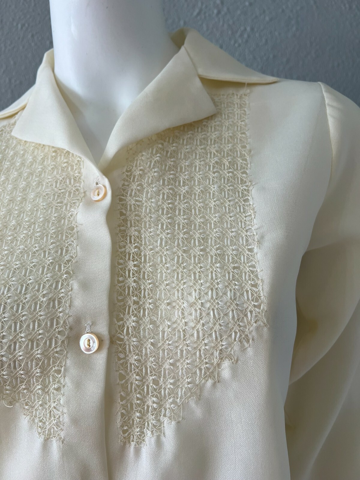 Vintae 70s Ivory Boho Semi Sheer Button Retro Disco Blouse Top S