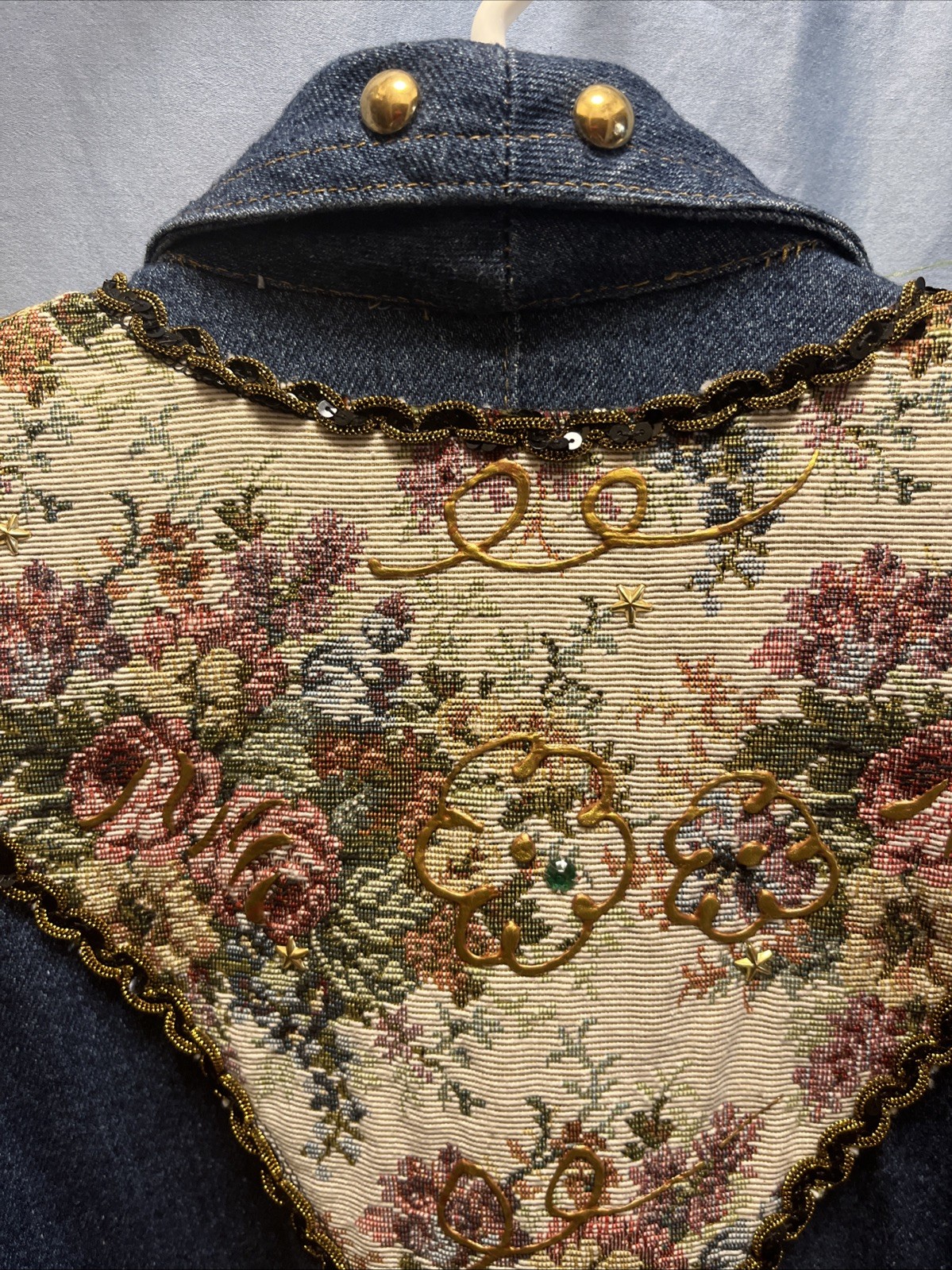 RARE Vintage 80s Charle Casuals Beaded Tapestry Gold Denim DUSTER BOHO See Pix