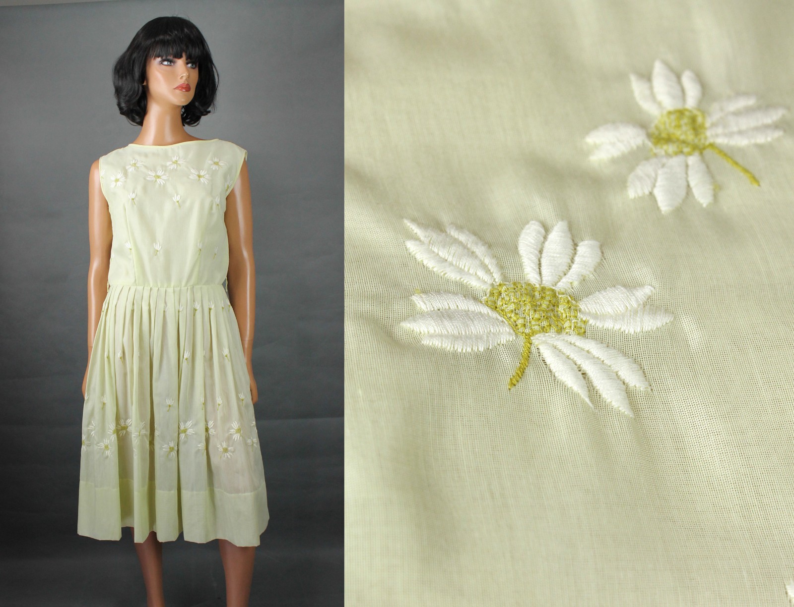 50s Cocktail Dress 16 L Vintage Light Yellow Semi Sheer Embroidered Party Gown
