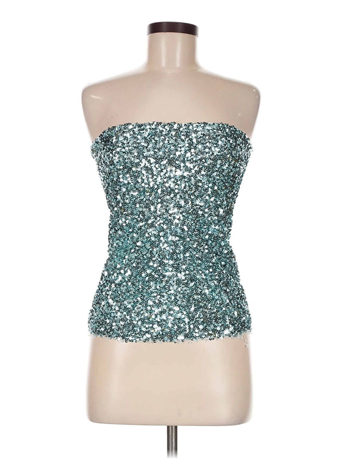 SIEDRES Sequin Tube Top M Silver Blue Strapless Allover Paillette Mesh Party
