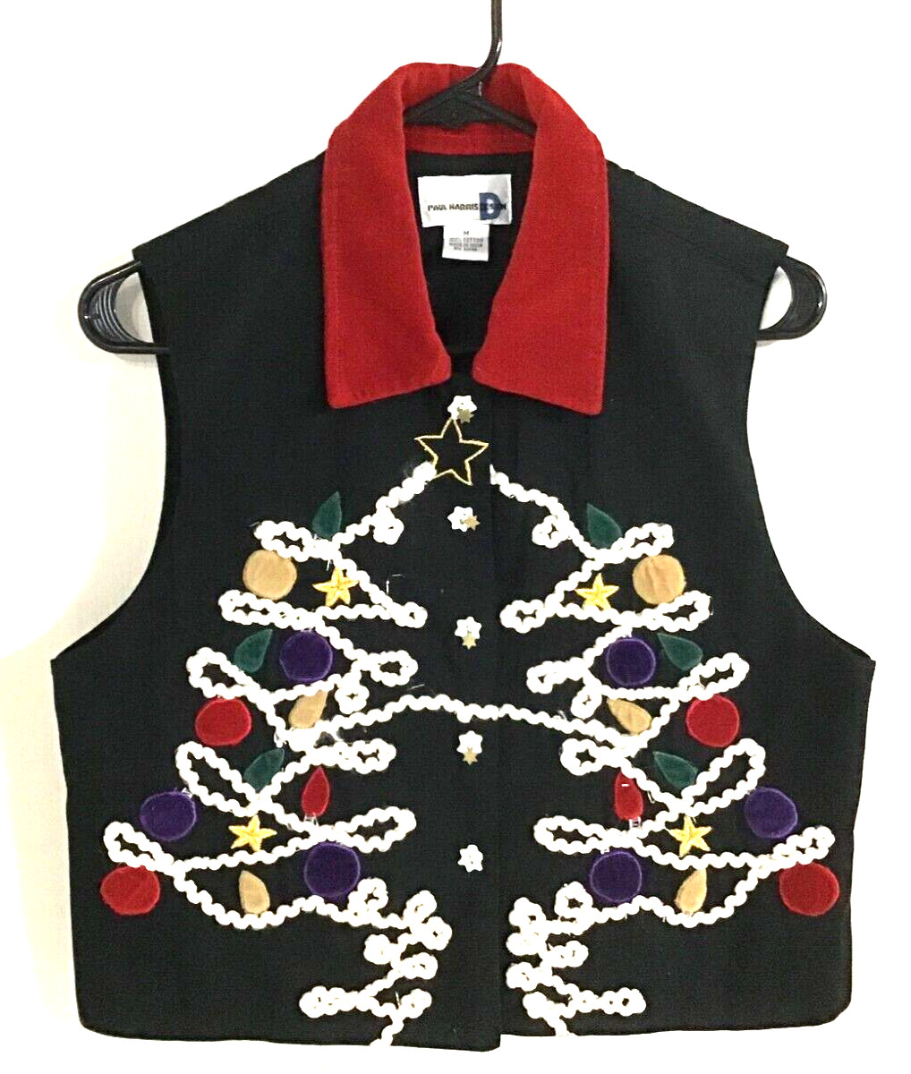 Paul Harris Design Vintage Velveteen Collared Embroidered Christmas Tree Vest