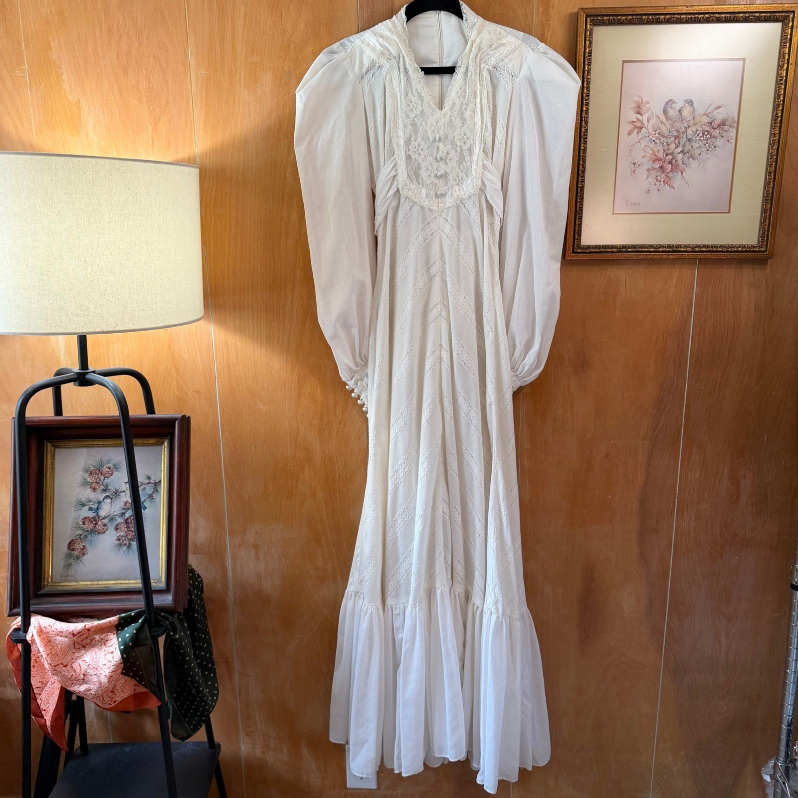 Vintage 70s Jody of California White Prairie Maxi Dress Lace Bishop Sleeve Small