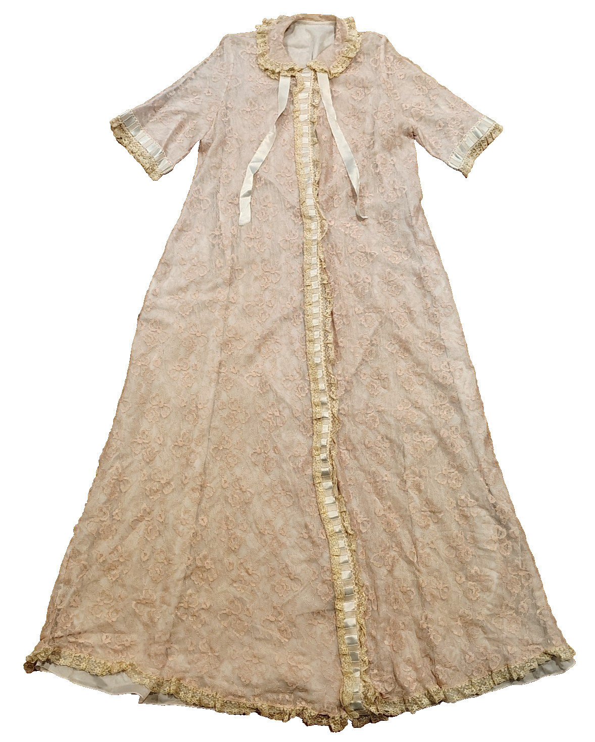 Vintage Odette Barsa Robe Lace Overlay Blue, Beige, Ribbon Trim Short,Snaps S/M