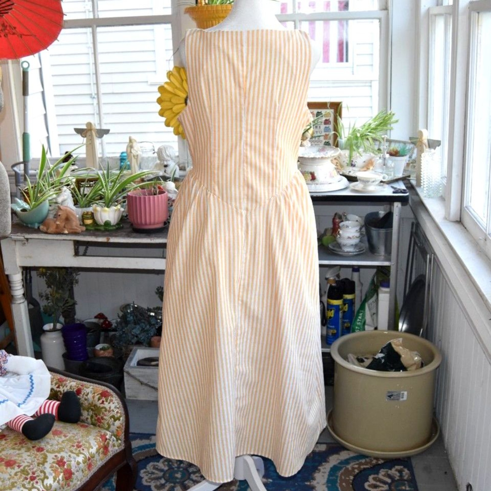 Vintage 60s Yellow White Striped Dress Side Zip Drop Waist Midi M