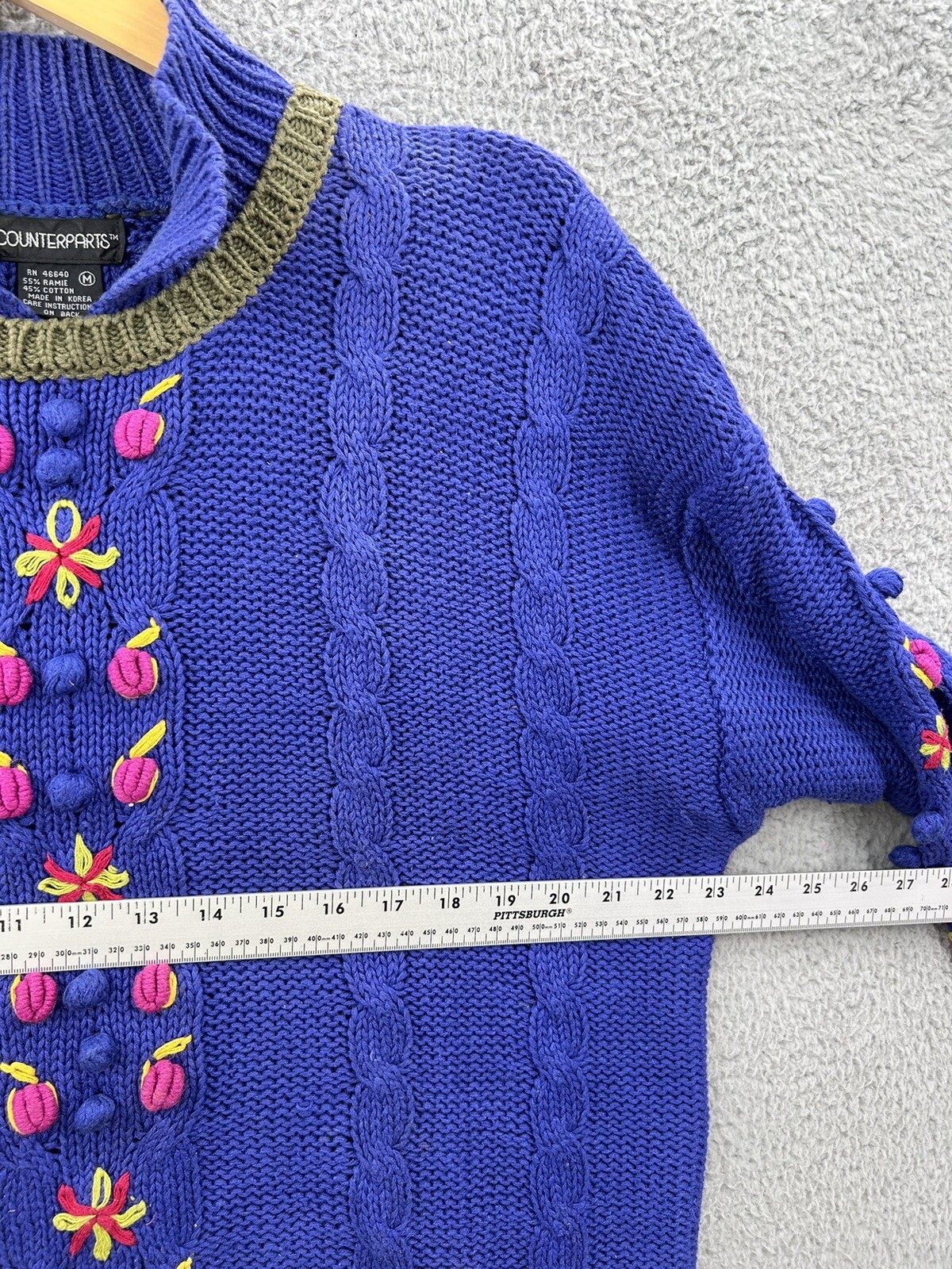 Vintage Counterparts Sweater Cable Knit Floral Pom Blue Women’s Size Medium 80’s